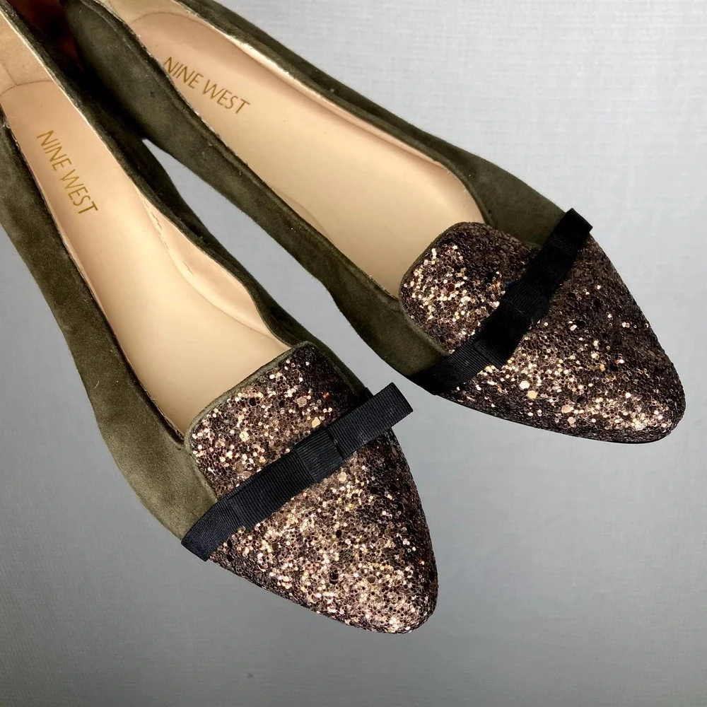 Nine West | Pointed Toe Green Flats‎ Glitter 8